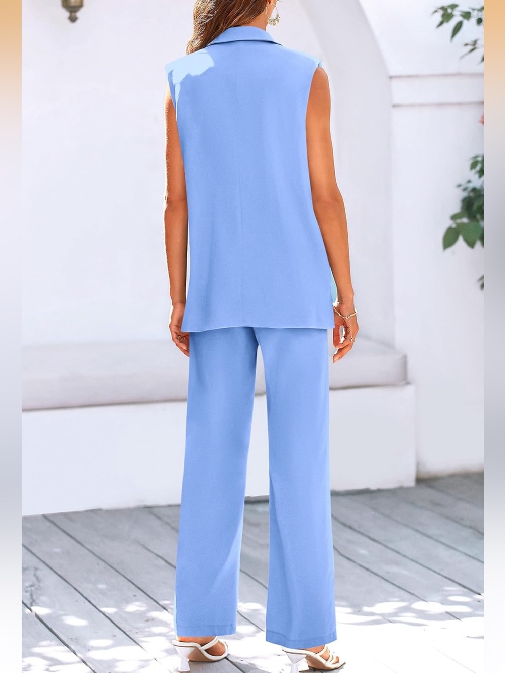 Women’s Two Piece Outfit Sleeveless Suit Vest and Wide Leg Pants Blazer Set - Picture 7 of 11